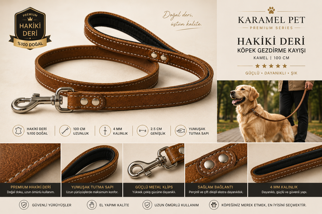 Premium Hakiki Deri Köpek Gezdirme Kayışı Kamel 100 cm Yumuşak Dolgulu Tutma Saplı