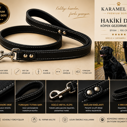 Premium Hakiki Deri Köpek Gezdirme Kayışı Siyah 100 cm Yumuşak Dolgulu Tutma Saplı