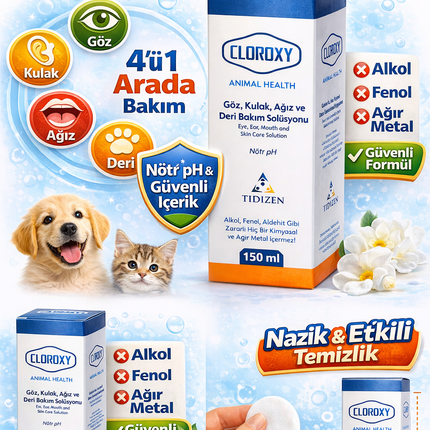 Cloroxy Kedi Köpek Göz Kulak Ağız ve Deri Bakım Solüsyonu 150 ml – Antiseptik Bakım Solüsyonu