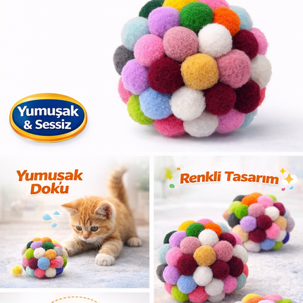 Renkli Ponpon Kedi Oyuncak Topu 7 cm  ( 2 Adet ) – Yumuşak Sessiz Kedi Oyun Topu