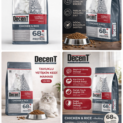 Decent Tavuklu Yetişkin Kedi Maması 1,5 Kg Hairball Control Tavuk & Pirinç Yetişkin Kedi Maması