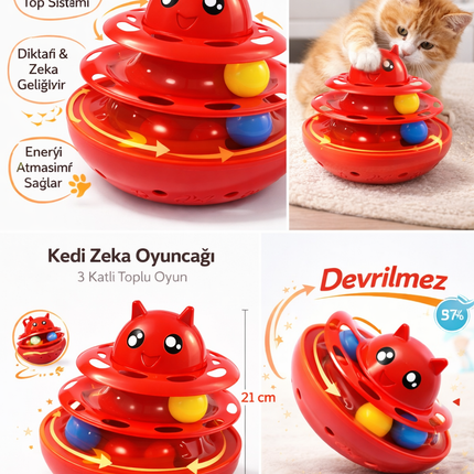 Hacıyatmaz Kedi Oyuncağı 3 Katlı Toplu Zeka Oyuncağı 20x21 cm – Devrilmez Interaktif Mama Oyuncağı