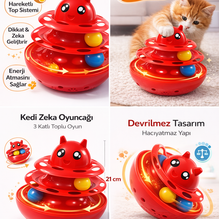 Hacıyatmaz Kedi Oyuncağı 3 Katlı Toplu Zeka Oyuncağı 20x21 cm – Devrilmez Interaktif Mama Oyuncağı