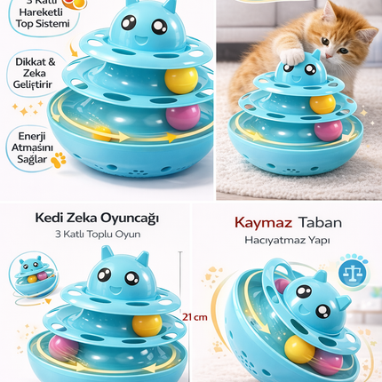 Hacıyatmaz Kedi Oyuncağı 3 Katlı Toplu Zeka Oyuncağı 20x21 cm – Devrilmez Interaktif Mama Oyuncağı