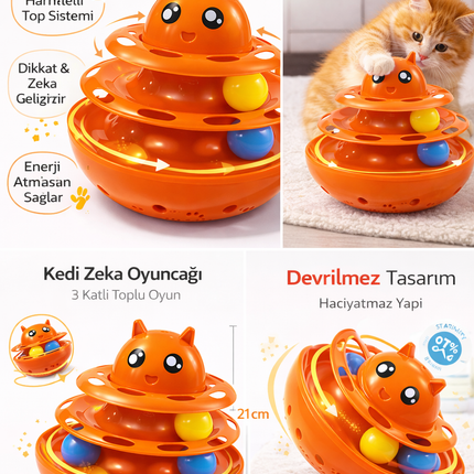 Hacıyatmaz Kedi Oyuncağı 3 Katlı Toplu Zeka Oyuncağı 20x21 cm – Devrilmez Interaktif Mama Oyuncağı