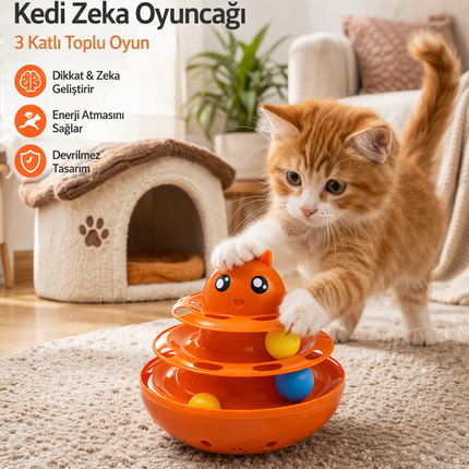 Hacıyatmaz Kedi Oyuncağı 3 Katlı Toplu Zeka Oyuncağı 20x21 cm – Devrilmez Interaktif Mama Oyuncağı