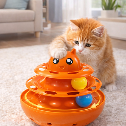Hacıyatmaz Kedi Oyuncağı 3 Katlı Toplu Zeka Oyuncağı 20x21 cm – Devrilmez Interaktif Mama Oyuncağı