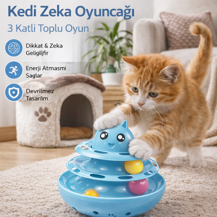 Hacıyatmaz Kedi Oyuncağı 3 Katlı Toplu Zeka Oyuncağı 20x21 cm – Devrilmez Interaktif Mama Oyuncağı