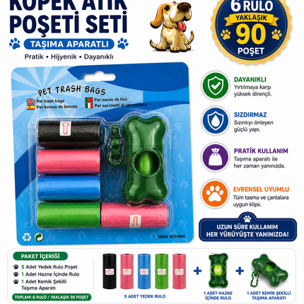 Köpek Dışkı Poşeti 6 rulo + Taşıma Aparatı Hediyeli ( 90 poşet - 6 rulo )