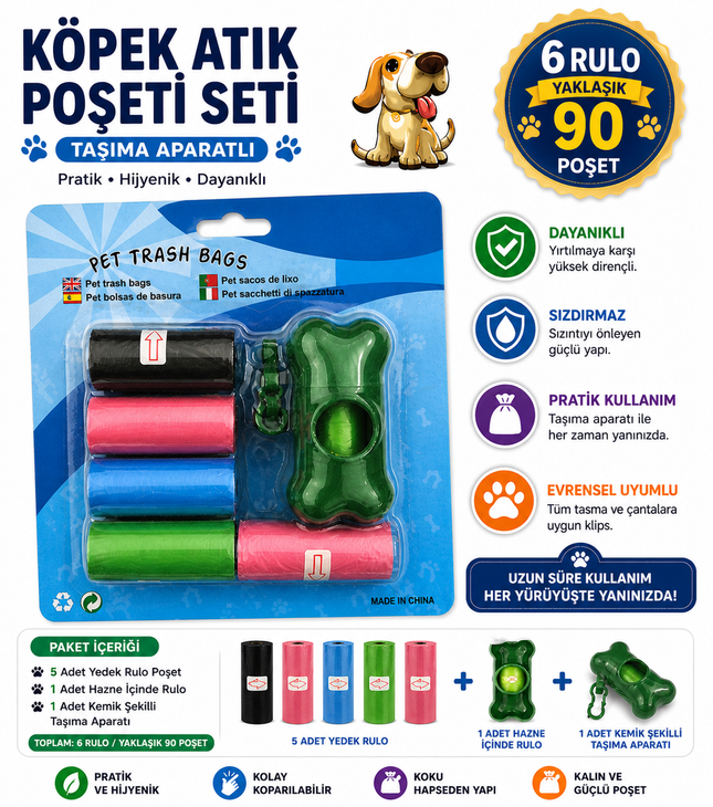 Köpek Dışkı Poşeti 6 rulo + Taşıma Aparatı Hediyeli ( 90 poşet - 6 rulo )