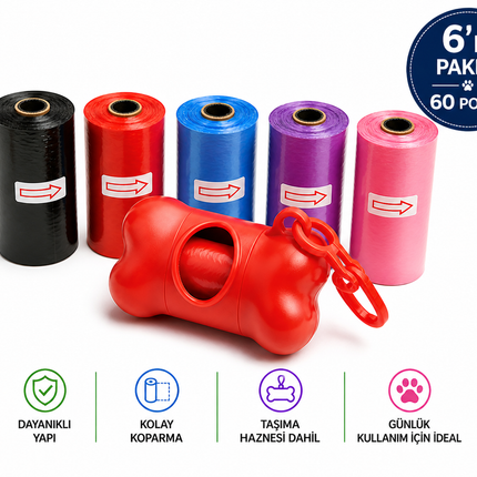 Köpek Dışkı Poşeti 6 rulo + Taşıma Aparatı Hediyeli ( 60 poşet - 6 rulo )
