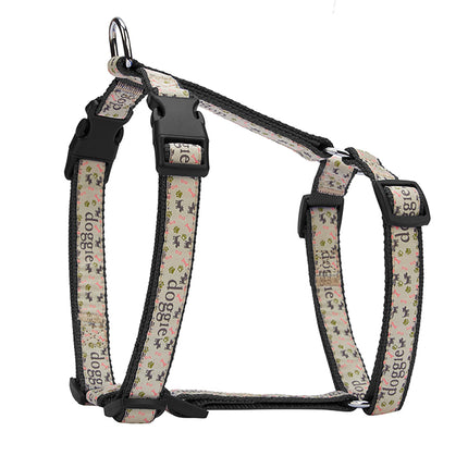 Doggie Desenli Süslü Dokuma Köpek Göğüs Tasması 1,5 x 30-35 cm Siyah