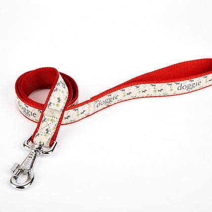 Doggie Desenli Süslü Dokuma Köpek Gezdirme Kayışı  El Yapımı 2,5 x 120 cm Kırmızı
