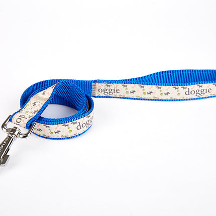 Doggie Desenli Süslü Dokuma Köpek Gezdirme Kayışı  El Yapımı 2,5 x 120 cm Mavi