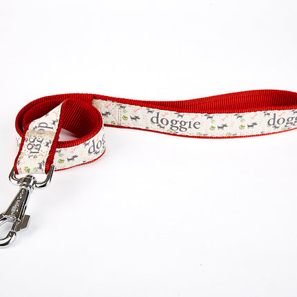 Doggie Desenli Süslü Dokuma Köpek Gezdirme Kayışı  El Yapımı 3 x 100 cm Kırmızı