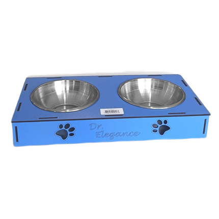 Ahşap Sehpalı İkili Devrilmez Kedi Köpek Su Ve Mama Kabı 34 cm - 300 ml Mavi