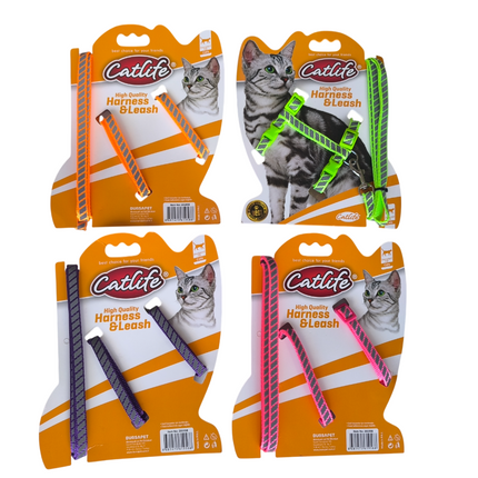 Catlife Fosforlu Şeritli Kedi Göğüs Bel Tasması + Gezdirme İpi