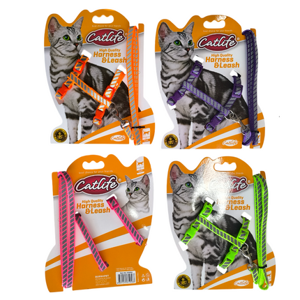 Catlife Fosforlu Şeritli Kedi Göğüs Bel Tasması + Gezdirme İpi