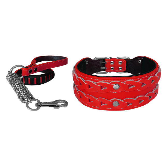 Markapet Elegance Deri İşlemeli Lüks Köpek Tasma Seti XL 7 cm*60-68 cm Kırmızı