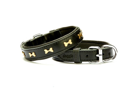Doggie Metal Kemik Desenli Deri Köpek Tasması 2 cm / 45 cm Siyah