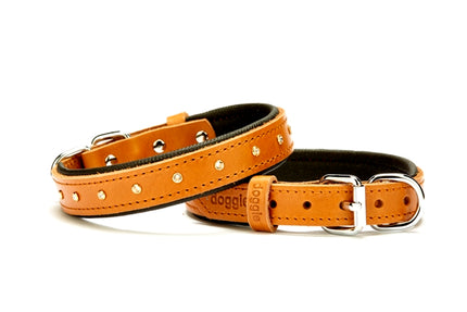 Doggie Konforlu Deri Swarovski Kristal Taşlı Köpek Boyun Tasması 2 x 28-34 cm Kamel