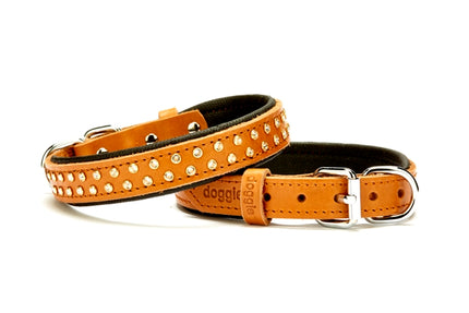 Doggie Konforlu Deri Swarovski Kristal Taşlı Köpek Boyun Tasması 2 x 28-34 cm Kamel