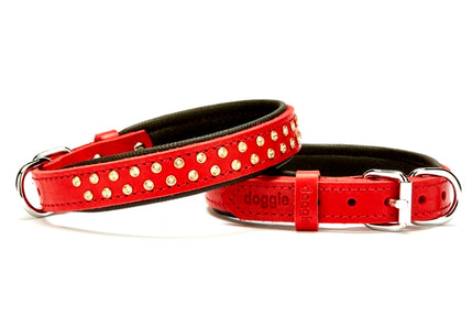 Doggie Konforlu Deri Swarovski Kristal Taşlı Köpek Boyun Tasması 2 x 28-34 cm Kırmızı
