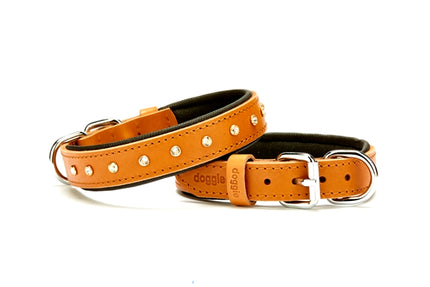 Doggie Konforlu Deri Swarovski Kristal Taşlı Köpek Boyun Tasması 2,5 x 36-42 cm Kamel