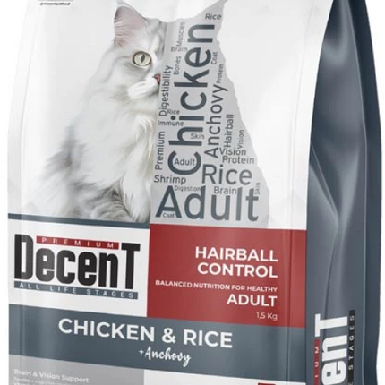 Decent Tavuklu Yetişkin Kedi Maması 1,5 Kg Hairball Control Tavuk & Pirinç Yetişkin Kedi Maması
