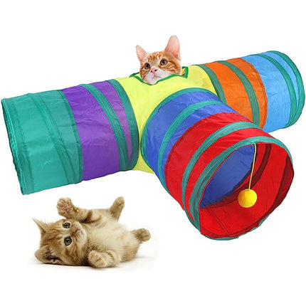 Gökkuşağı Desenli T Model Kedi Oyun Tüneli, Katlanabilir 50 x 75 cm