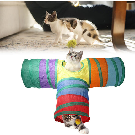 Gökkuşağı Desenli T Model Kedi Oyun Tüneli, Katlanabilir 50 x 75 cm